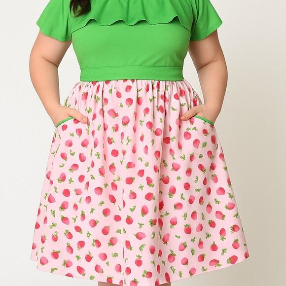 Unique Vintage Dresses & Skirts - Unique Vintage Strawberry Skater Skirt Pink Green - Size 4X